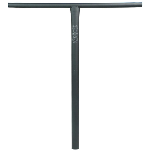 The Root Industries ChromoLite Steel Oversized HIC Stunt Scooter T-Bars in Black, measuring 720mm x 650mm, is designed with a sleek T-shaped handlebar crafted from Chromoly. The minimalist yet sturdy construction includes a small logo near the center, making it an excellent choice for anyone looking for durability in their stunt scooter experience.