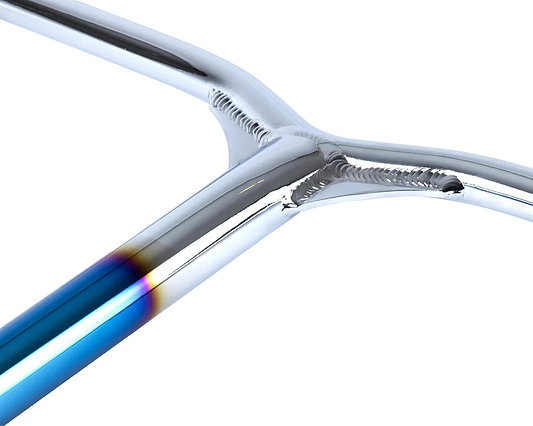 Close-up of the chrome metal joint on Root Industries Invictus HMA IHC Stunt Scooter Bars - Afterburner Blu Ray 610mm x 580mm, showing polished welding and blue heat marks that highlight the quality and sleek design of these lightweight handlebars.