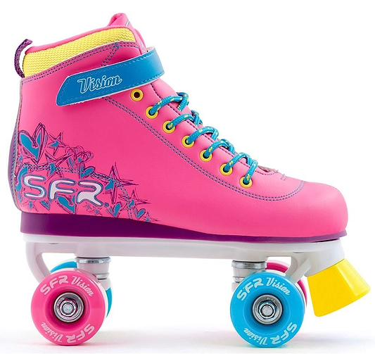 The SFR Vision II Quad Roller Skates - Tropical feature a bright pink design with blue and yellow accents, yellow laces, colorful polyurethane wheels, ankle support, “SFR” branding, and decorative side graphics.