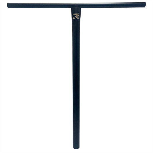 The Root Industries AIR Titanium Oversized HIC Stunt Scooter T-Bars in black, measuring 690mm by 600mm, feature a logo in the center against a white background and are made of durable Titanium.