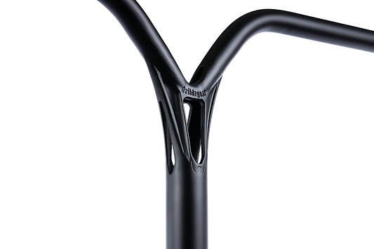 Close-up of Ethic DTC Deildegast V2 Steel Oversized HIC Stunt Scooter Bars by Ethic (720mm x 600mm, black), featuring a Y-shaped design and central cut-outs, crafted from durable 4130 Chromoly steel, isolated on white.