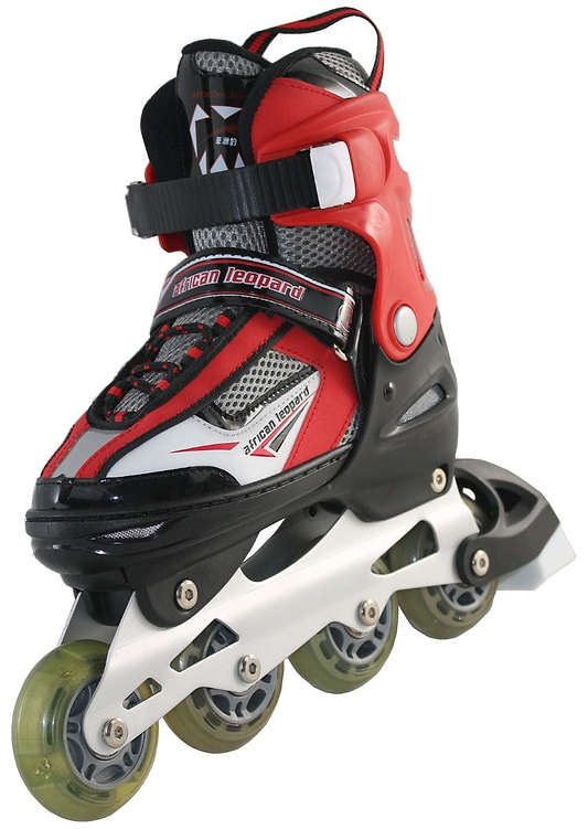 The African Leopard Kids Adjustable Inline Skates - Red, from the brand African Leopard, boast a red and black design with four wheels. They feature a semi-soft upper for comfort, ABEC 7 bearings for smooth rides, and include a secure lace and strap system. Additionally, they have a sturdy frame and mesh ventilation for breathability.