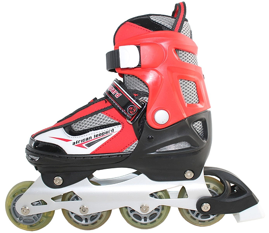 The African Leopard Kids Adjustable Inline Skates in Red, by African Leopard, offer a semi-soft upper and a sturdy boot with mesh ventilation and adjustable straps. These skates are fitted with ABEC 7 bearings and have four wheels set on a white frame, making them ideal for recreational activities.