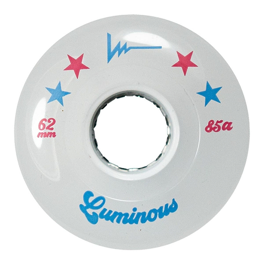 The Luminous LED 85A Quad Roller Skate Wheels - All Stars 62mm by Luminous feature a white design with blue "Luminous" text, red and blue stars, "62 mm" in red, "85a durometer urethane" in blue, and a bold blue wave around the center hole.