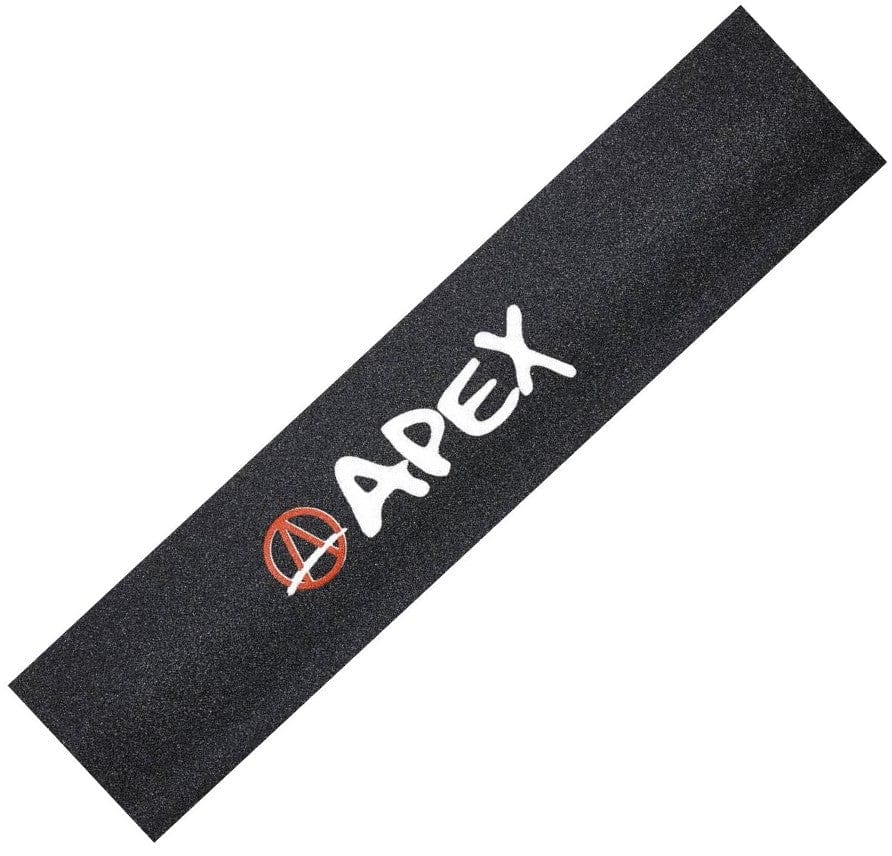 The Apex Pro Scooter Griptape - Printed Logo features a black design with the "APEX" brand in bold white letters and a red circular symbol on the left, making it ideal for scooters. Its strong adhesive ensures it remains securely attached.