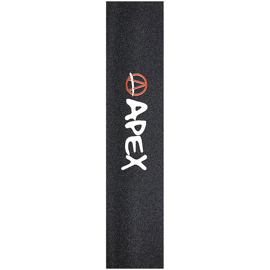 The Apex Pro Scooter Griptape - Printed Logo is a black griptape showcasing the word "APEX" in white, alongside an orange, stylized "A" above. Designed with a robust adhesive, it guarantees to stay securely affixed on your board or scooter.
