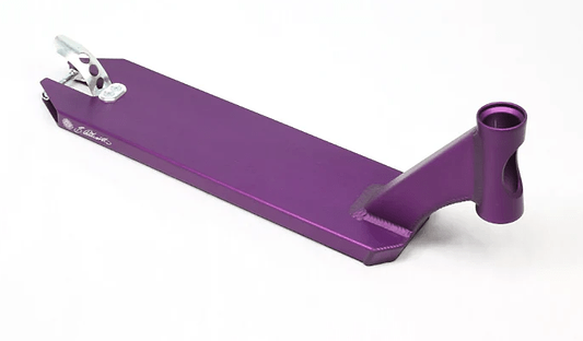 The Apex Pro Bianca Dilworth Signature Purple Stunt Scooter Deck - 5" x 19.3" by Apex is a hybrid design featuring a metal brake at the rear, perfect for freestyle riding. Displayed on a plain white background, this deck exemplifies precision and style for every trick enthusiast.