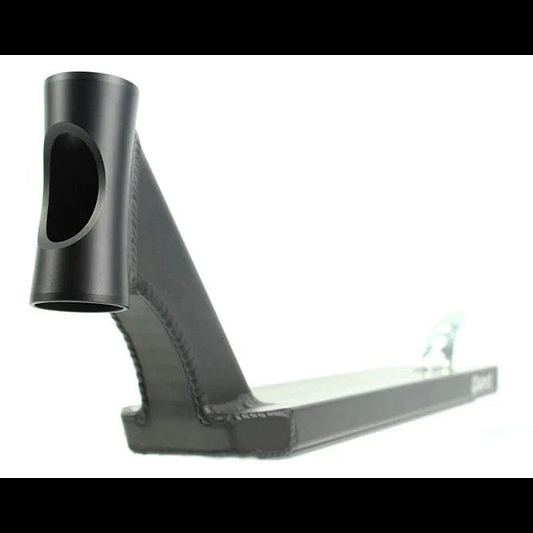 A close-up view of the Apex Pro Black Stunt Scooter Deck by Apex showcases its durability and sleek design, measuring 4.5" x 19.3". The hollow head tube and smooth edges contribute to its modern aesthetic, with visible welds prominently displayed against a white background.