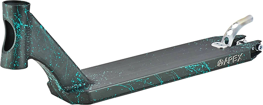 Introducing the Apex Pro Black Splash Stunt Scooter Deck, measuring 4.5" x 19.3". This top-tier scooter deck showcases a stunning aqua blue splatter design on a black base and comes equipped with an attached handle mount. The brand name "Apex" is prominently displayed in white on the side, symbolizing its reputation for unmatched durability and style in the Apex Pro Stunt Scooter Deck series.
