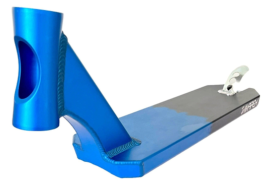Introducing the Apex Pro Life's a Beach Special Edition Blue / Black Scooter Deck - 5" x 19.3". This masterpiece features a striking blue and black color scheme with a glossy finish. Designed with a robust neck and headtube for handlebars, it also includes a durable silver rear brake. Proudly Australian-made, this scooter deck uses a welded structure for unparalleled durability, making it one of the world's best scooter decks.
