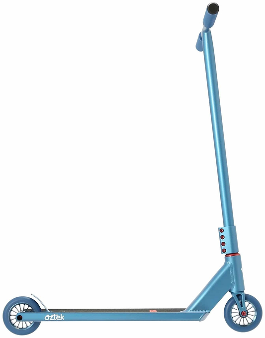 The Aztek Architect 2 Complete Stunt Scooter in Neptune Blue features a minimalist design with a single handlebar, small front and rear wheels, and a black "ozTek"-labeled footboard, shown from the side against a white background.