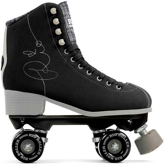 The Rio Roller Signature Quad Roller Skates - Black features a sleek design with white stitching, laces, and metal eyelets on a black chassis. Equipped with four "Riot Roller" wheels and a beige toe stopper, its gray heel and sole represent the Rio Roller's vegan-friendly style.