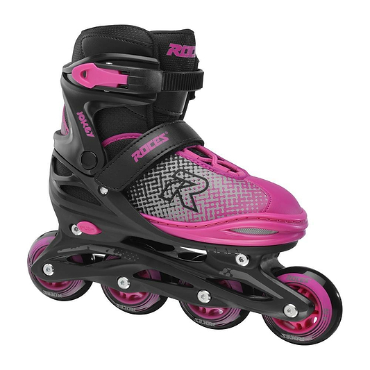 The Roces Jokey X Adjustable Inline Skates - Black / Pink feature four wheels, ABEC 3 bearings, a secure ankle strap, padded anatomical boot, gray geometric pattern, and "ROCES" branding.