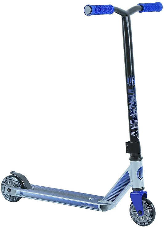 Introducing the Crisp Trophy Complete Stunt Scooter - Silver Sky, a freestyle scooter with a sleek, durable design. It boasts blue handlebars, black stem, and blue deck. The wheels feature a silver finish with a graphic logo on the side, ideal for beginner riders honing their skills.