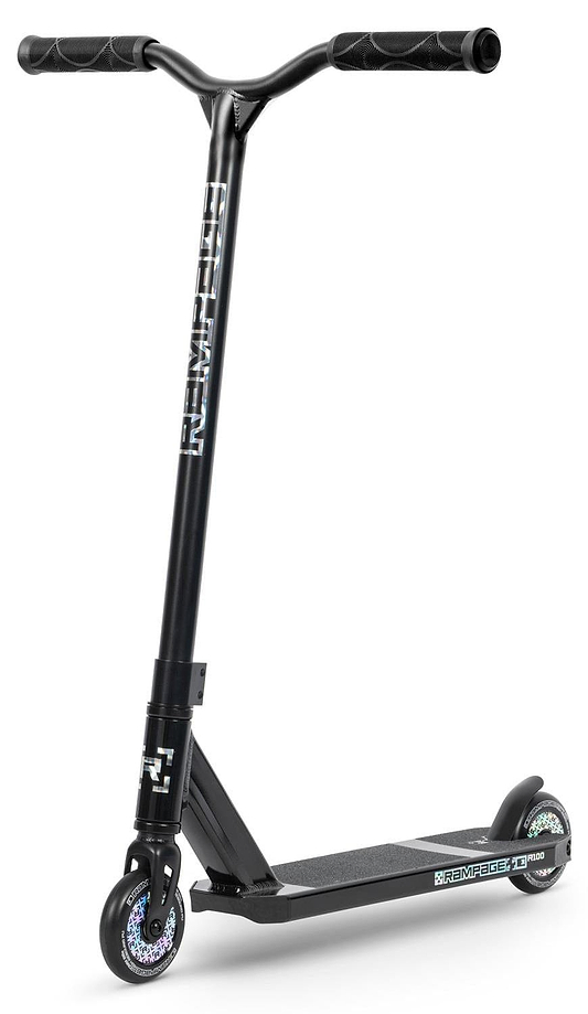 The Rampage R100 Complete Stunt Scooter in Black/Holographic, by Rampage, features a wide handlebar, metallic logo, small wheels, and a non-slip deck. It is shown upright against a white background.