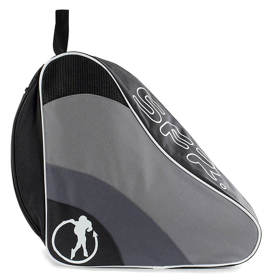 Introducing the SFR Ice & Skate Bag II in a sleek black and gray design, brought to you by SFR. This triangular sports bag is perfect for carrying your ice skates, featuring a top zipper and a convenient handle. Adorned with the silhouette of a martial artist and accented with white text on the side, it's crafted from water-resistant material for enhanced durability.