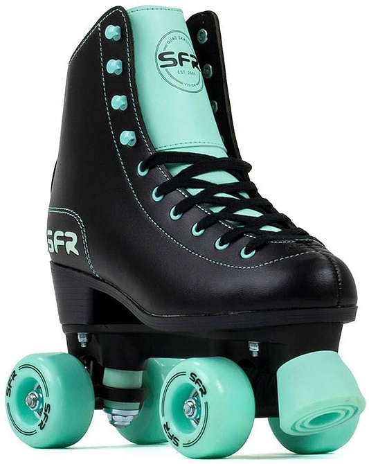 The SFR Figure Quad Roller Skates - Black / Mint feature mint green laces, toe stop, and polyurethane wheels. “SFR” is printed in white on the side and tongue—ideal for beginners.