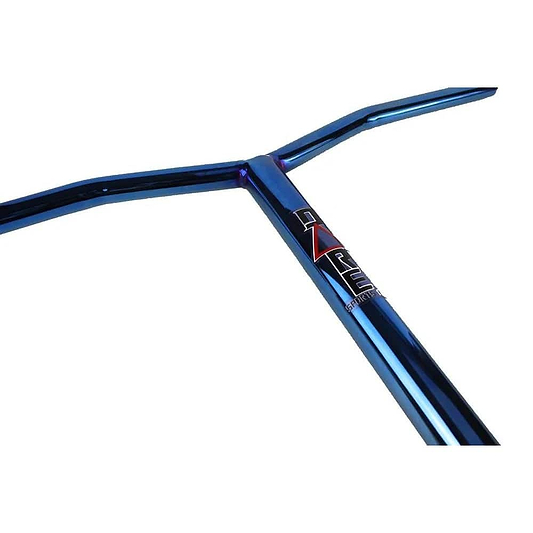 Close-up of Dare Wing Steel Standard SCS Stunt Scooter Bars in blue chrome (685mm x 610mm) with a slight upward and outward curve, designed for taller riders seeking strength and style. Brand: Dare.