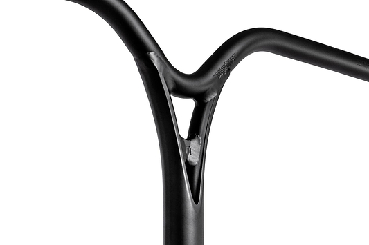 Close-up of the Ethic DTC Wolpertinger Aluminium IHC Stunt Scooter Bars in Black (720mm x 580mm), showcasing a unique Y-shaped design, visible welds, and lightweight yet strong aluminium for advanced stunt scooter performance.