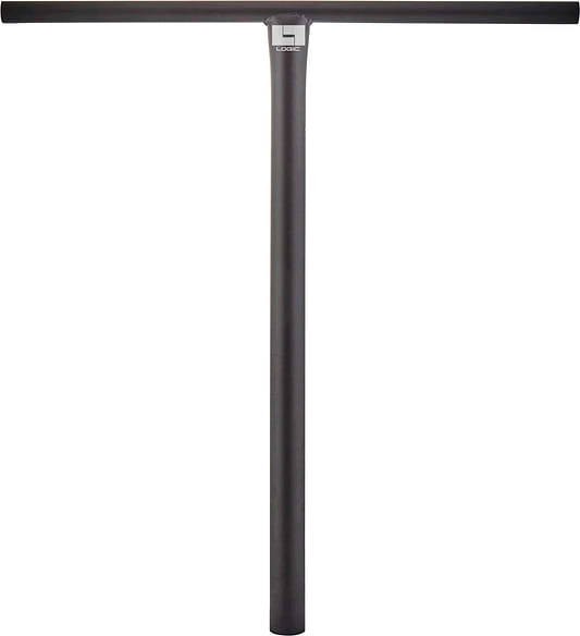 The Logic Streetz Steel Standard IHC Stunt Scooter T-Bars in black, measuring 660mm x 635mm, feature a sleek design with the logo near the top center, presented against a plain white background—perfect for street scooter customization.