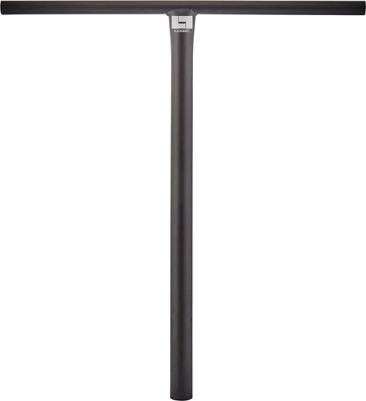 The Logic Streetz Steel Standard IHC Stunt Scooter T-Bars in black, measuring 660mm x 635mm, feature a sleek design with the logo near the top center, presented against a plain white background—perfect for street scooter customization.