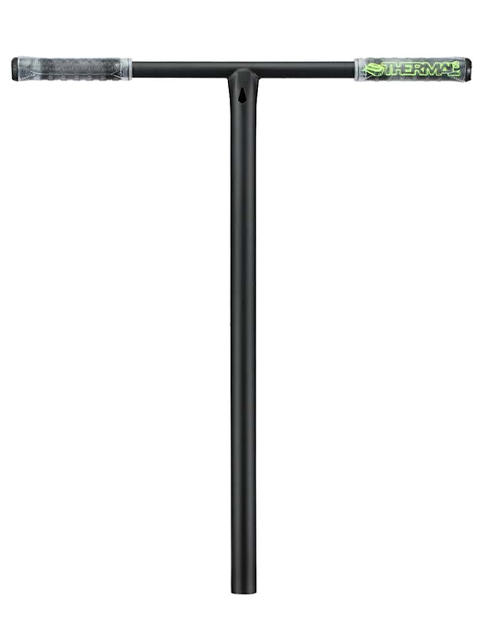A black Blunt Envy Thermal V2 stunt scooter bar boasts a T-shape design crafted from steel, offering durability and style. The gray grips are accented with green for added comfort and flair. Prominently featuring the brand name "Blunt Envy" on the right grip, this distinctive accessory enhances any stunt scooter setup.