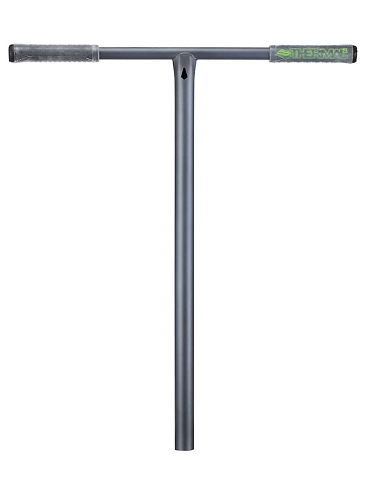The Blunt Envy Thermal V2 Steel Oversized SCS Stunt Scooter Bars in Slate feature a T-shaped design with straight grips and display a green logo on the right grip. These bars are SCS ready, making them ideal for riders looking to upgrade their scooter. The image shows them elegantly against a white background.