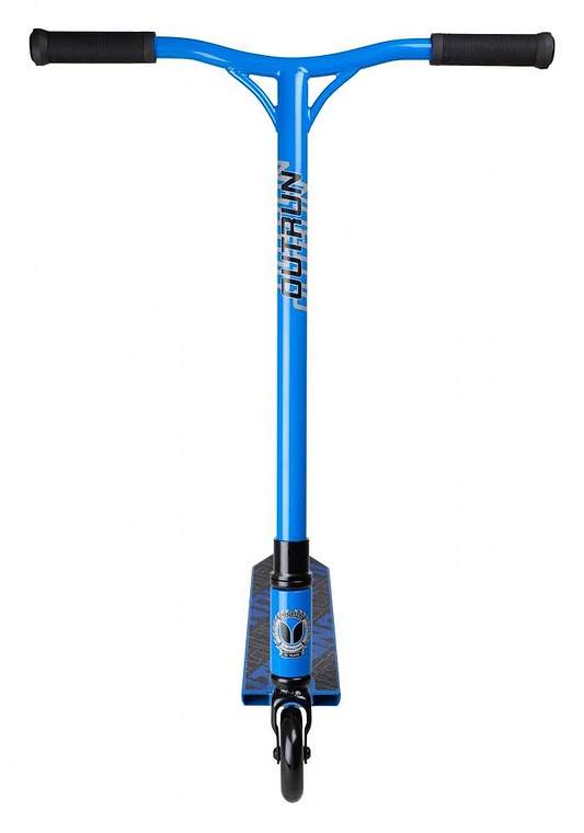 The Blazer Pro Outrun 2 Complete Stunt Scooter - Blue, by Blazer Pro, boasts Chromoly steel bars with black grips for enhanced strength. Its blue frame displays a geometric pattern on the deck and a prominently visible front wheel, while "Urban" is printed vertically on the handlebar stem.