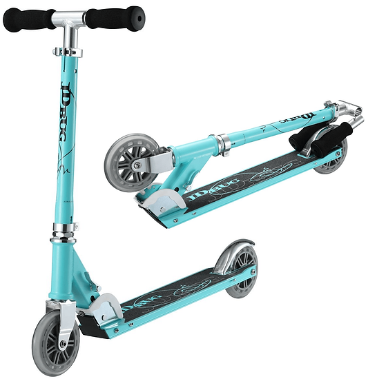The JD Bug Classic Street 120 Kids Foldable Kick Scooter in matt teal features adjustable handlebars with black grips and silver accents. This lightweight, two-wheel design can be folded or used standing up, boasting a deck with black grip graphics and sleek silver metal parts.