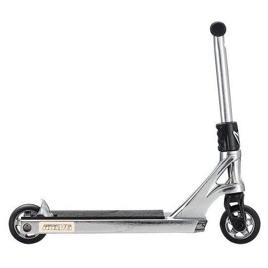 The Blunt Envy AOS V6 Finger Scooter in chrome features black grips and wheels, a solid deck, reinforced neck, and modern design, shown in profile against a white background.
