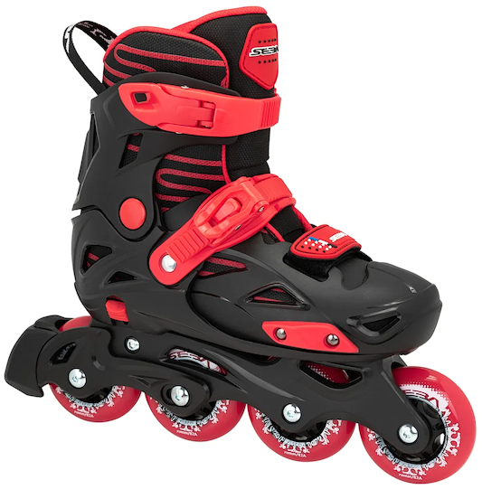 The Seba STJ Junior Adjustable Inline Skates in black/red by Seba feature four red wheels, sturdy plastic support, and secure ankle and foot straps—perfect beginner rollerblades for children.