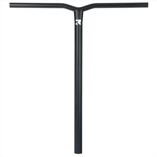 Introducing the Root Industries AIR Titanium Oversized HIC Stunt Scooter Bars in Black, measuring 660mm by 600mm. These handlebars feature a subtle logo near the top and showcase a sleek, minimalist T-shaped design. Crafted from titanium for lightweight durability, they are perfect for enthusiasts of stunt scooter bars.