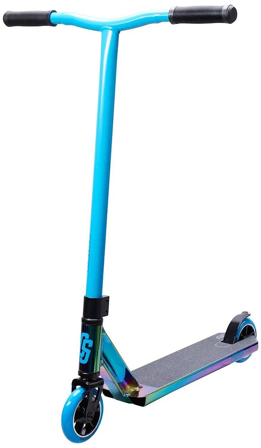 The Crisp Surge Complete Stunt Scooter - Neochrome / Blue by Crisp features a blue handlebar, black grips, a neochrome rainbow deck, and durable 110mm alloy core wheels—ideal for performing tricks and stunts.