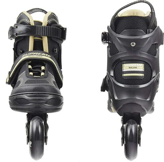 Supreme Venice Adjustable Kids Inline Skates by Supreme in black and gold, shown front and back with adjustable sizing straps, protective padding, and a visible single front wheel—ideal for beginner skaters.
