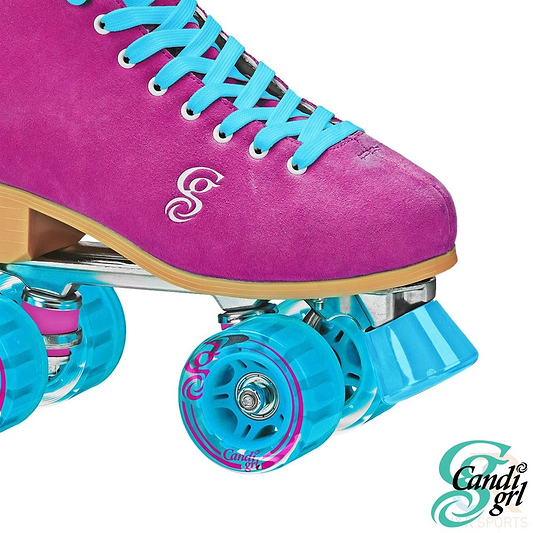 This close-up highlights the Candi Girl Carlin Womens Quad Roller Skates in Berry Pink by Candi Grl, featuring vibrant pink boots with light blue laces and durable outdoor polyurethane wheels. The artistically designed quad roller skates offer a retro aesthetic, adorned with logos and intricate wheel details for an effortlessly stylish look.