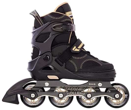 The Supreme Venice Adjustable Kids Inline Skates in black and gold feature four wheels, a hard plastic frame, adjustable buckles, and breathable mesh fabric. Shown from the side on a white background. Adjustable sizing suits beginners.