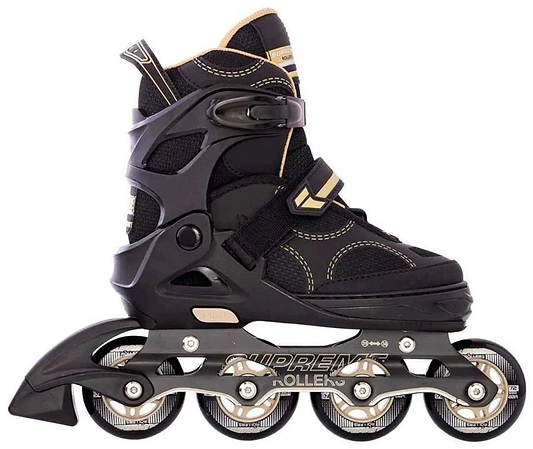The Supreme Venice Adjustable Kids Inline Skates in black and gold feature four wheels, a hard plastic frame, adjustable buckles, and breathable mesh fabric. Shown from the side on a white background. Adjustable sizing suits beginners.