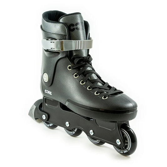 The CORE Retro Adjustable Inline Skates - Black feature a stylish black design with four wheels, a gray upper, and a silver buckle strap. Designed for both performance and comfort, the boot includes black laces and prominently showcases the "CORE" brand name on the side against a white backdrop.