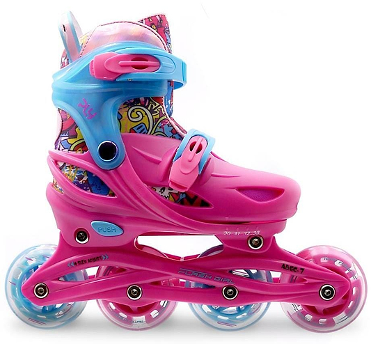 The Roces Ply Flash Adjustable Kids Inline Skates in pink/blue feature four flashing wheels, ABEC 7 carbon bearings, adjustable straps, a vibrant patterned lining, light blue accents, and a sturdy pink frame. Brand: Roces.