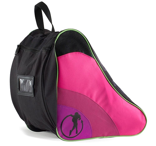 Introducing the SFR Ice & Skate Bag II - Disco by SFR: a stylish black and pink backpack featuring a unique curved design, ideal for carrying roller skates. The pink section is elegantly adorned with a silhouette of a person holding a hockey stick. This versatile bag also includes a convenient top handle and a small transparent side pocket for skate accessories.