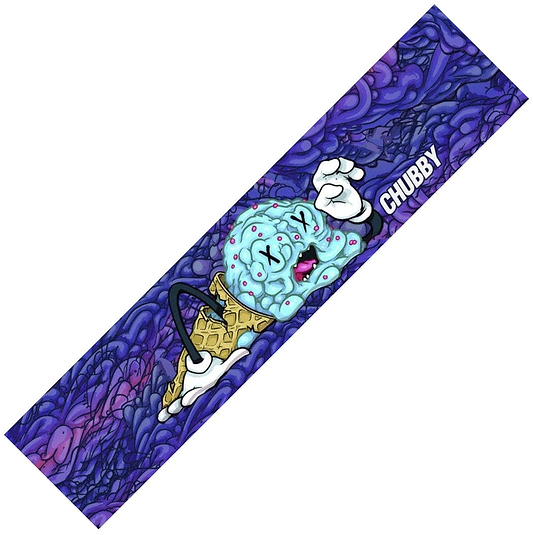 The Chubby "Ice Cream Bubblegum Whip" skateboard deck features a melting ice cream cone character with crossed-out eyes and outstretched hands against a swirling purple background. Perfect for the skatepark, it includes "CHUBBY" printed on the side and comes with griptape for enhanced traction.