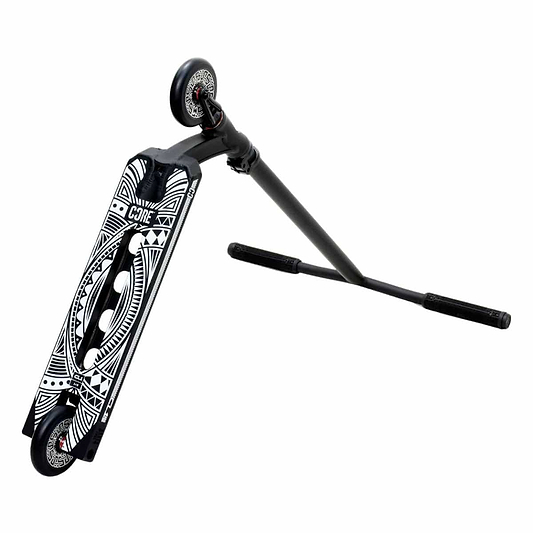 The CORE CL1 Complete Stunt Scooter by CORE features a striking black tribal design on the deck, enhanced by high-quality aftermarket components. Equipped with two smaller wheels and a T-bar handle with grips, it is expertly designed for performing tricks and showcasing style at impressive angles.