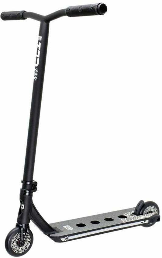 The CORE CL1 Complete Stunt Scooter - Black, crafted by CORE, features top-notch aftermarket components, a T-shaped handlebar, and a wide deck with circular cutouts accompanied by two compact wheels. Perfectly engineered for tricks and freestyle riding, it delivers exceptional performance in every stunt session.