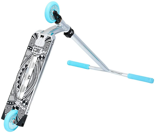 The CORE CL1 Complete Stunt Scooter by CORE showcases a sleek design with a chrome finish and teal wheels and grips. Its silver frame and slightly raised handlebars enhance its stylish appearance, while premium aftermarket components guarantee exceptional performance.