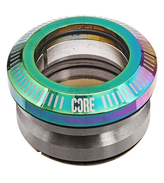 Introducing the CORE Dash Integrated Stunt Scooter Headset in Oil Slick Neochrome, this vibrant headset features a stunning iridescent blend of blue, green, and purple. With its metallic finish and circular design, it incorporates seamless bearings that reveal its functional inner components.
