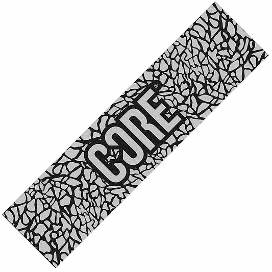 A black and gray workout mat featuring a mosaic pattern and "CORE" in bold white letters, reminiscent of the CORE Classic Stunt Scooter Griptape with its distinctive Elephant Print used for customizing your scooter.