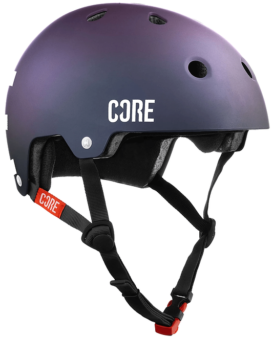 The CORE Street Skate / Scooter Helmet - Neo / White by CORE features ventilation holes, adjustable black straps, a red buckle, and soft internal padding for comfort.