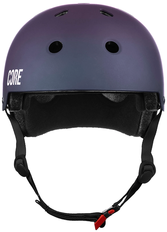 The CORE Street Skate / Scooter Helmet - Neo / White features a matte gradient finish, ventilation holes, black straps, and “CORE” in white on the side—ideal for fans of CORE helmets.