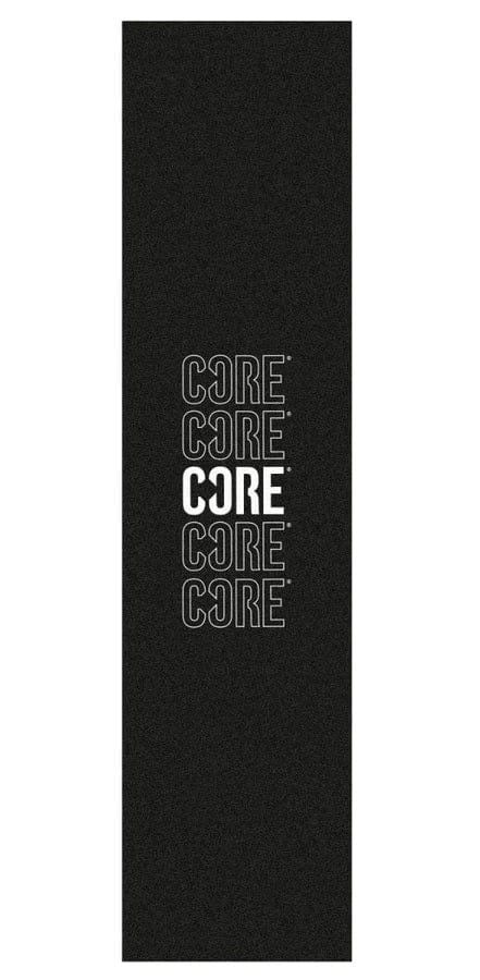 On a black backdrop, the text "CORE" is displayed five times vertically in bold white capital letters with differing thickness and transparency, reminiscent of visually striking graphics akin to those on the CORE Stunt Scooter Griptape - Echo.