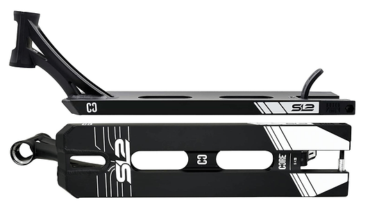 Featuring a sleek design, the CORE SL2 Forged Black Stunt Scooter Deck (5" x 20") showcases the "CORE" logo and "SL2" model name. The top view highlights cutouts for weight reduction, making it perfect for skatepark tricks, while the side view emphasizes its structure and branding details.